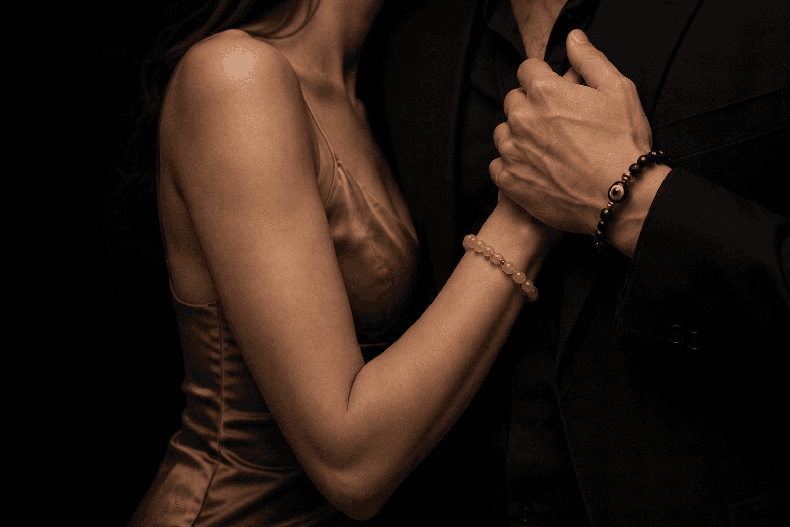 A couple wearing matching VRACHIOLI bracelets.