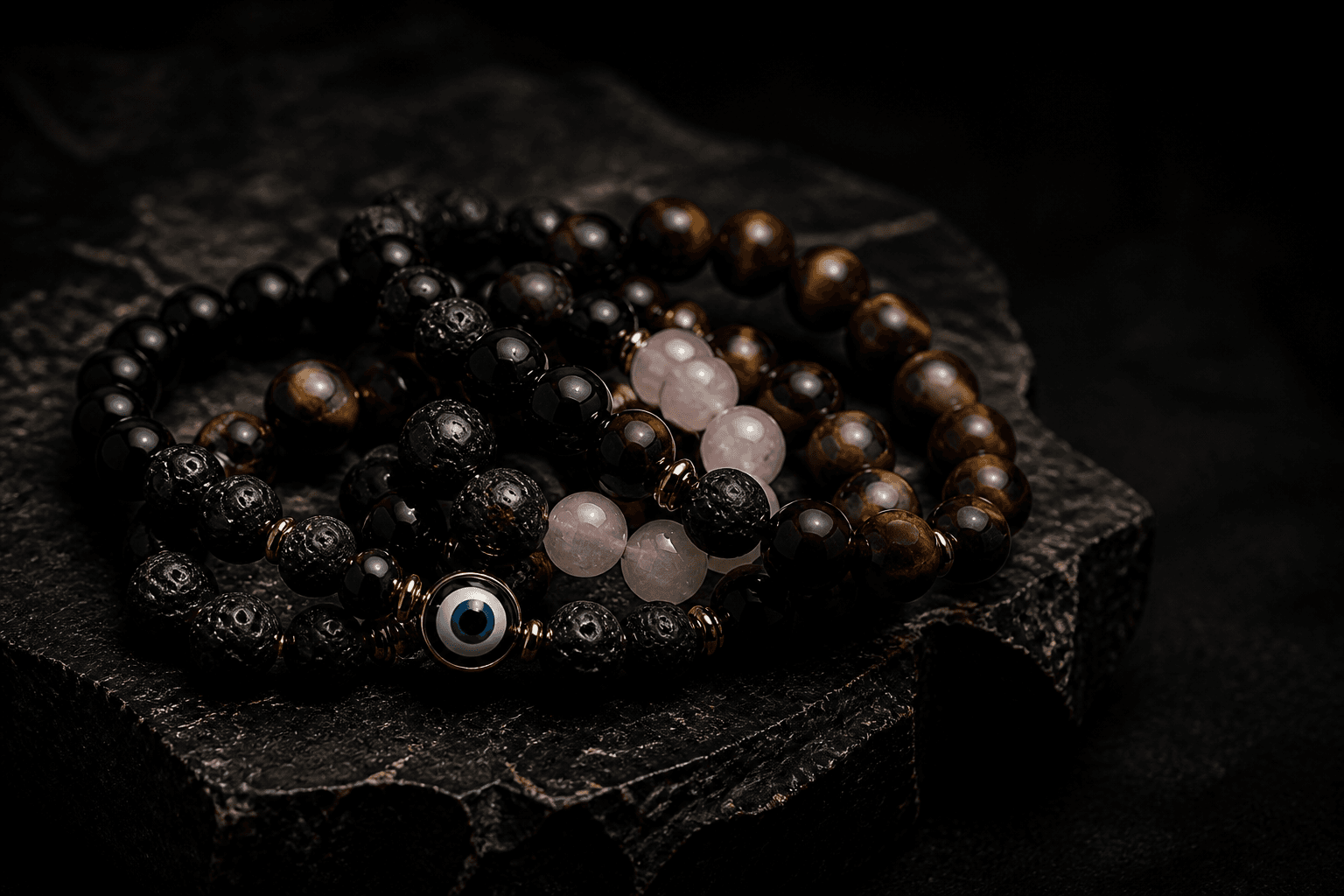 An arrangement of natural stone bracelets.