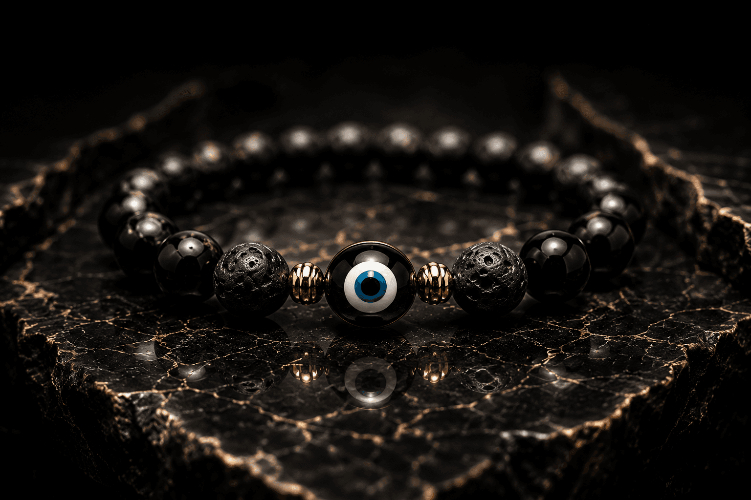 A black stone bracelet on a rock.